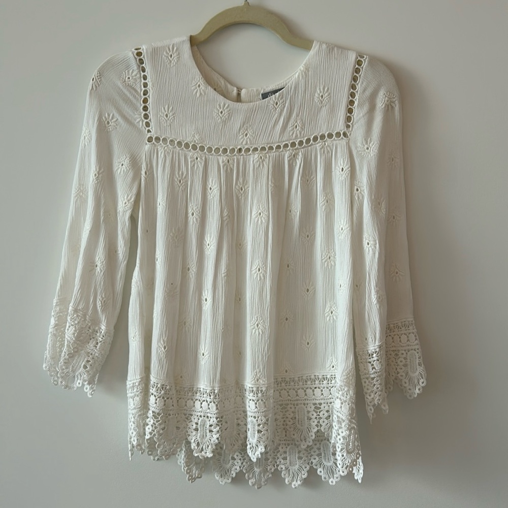 XS Daniel Rainn White Delicate Cotton 3/4 Sleeve Blouse